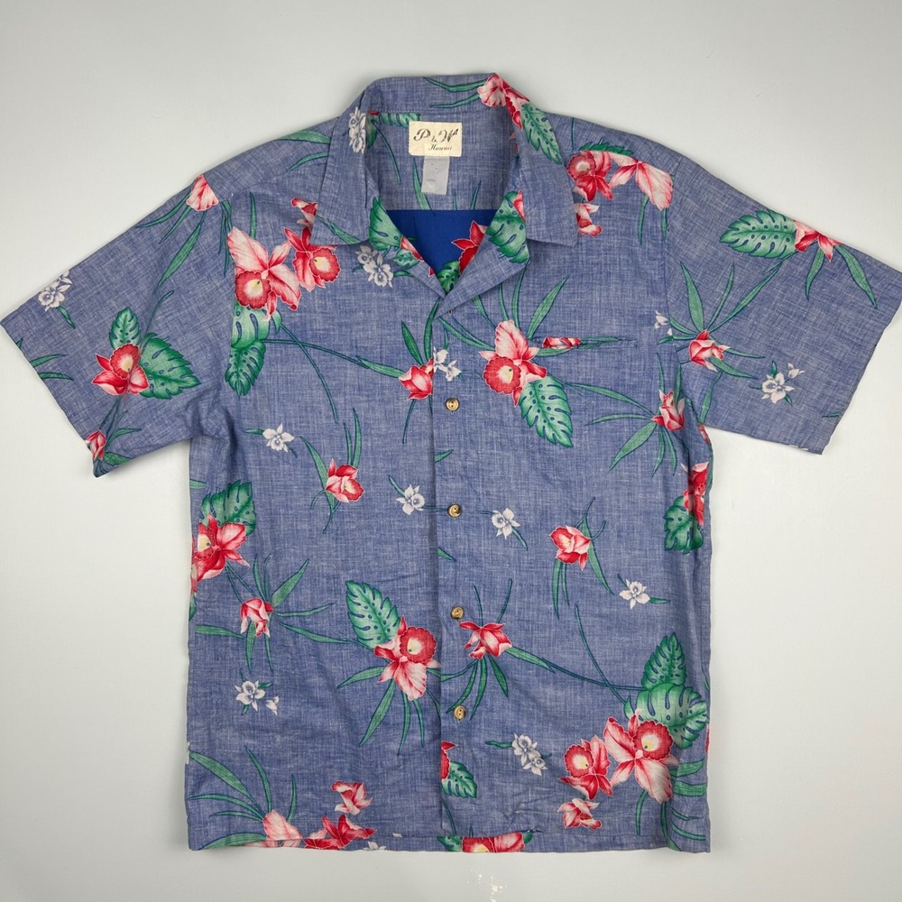 P&W Hawaii Mens Blue Tropical Floral Orchid Print‎ Short Sleeve Button Up Shirt